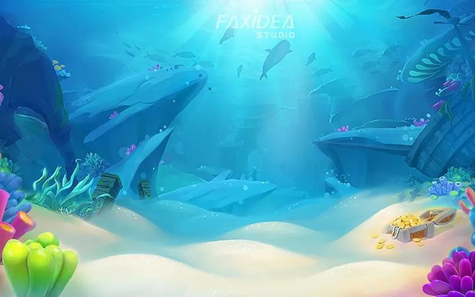 ฉากเกมยิงปลาแสดงเป้าหมายและการควบคุมบนหน้าจอ